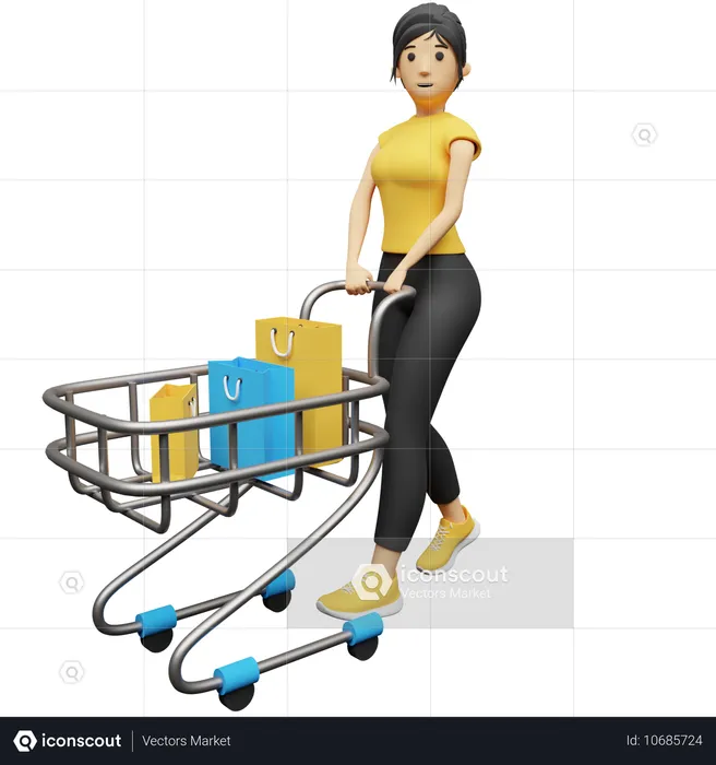 Mulher carregando carrinho de compras  3D Illustration