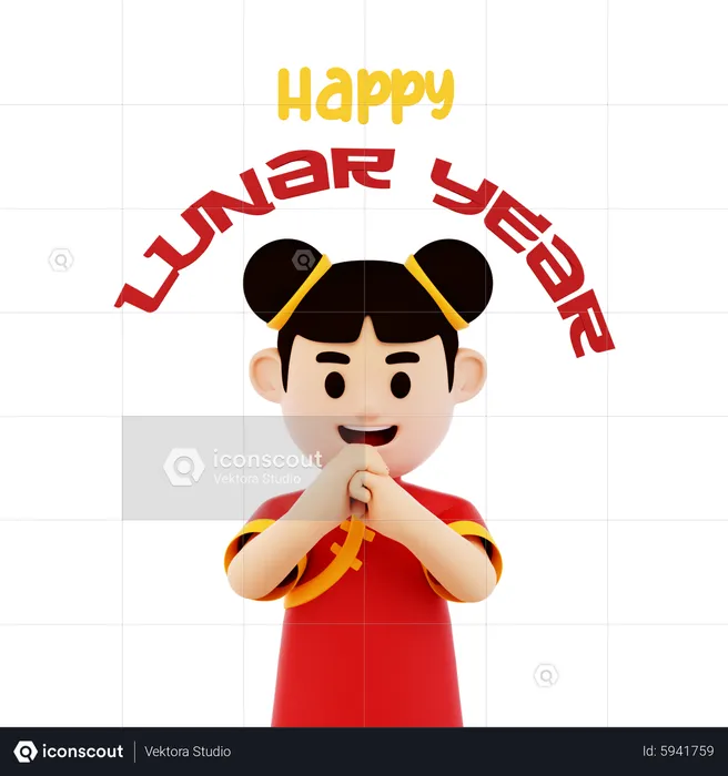 Personagem de mulher chinesa cumprimentando feliz ano lunar  3D Illustration