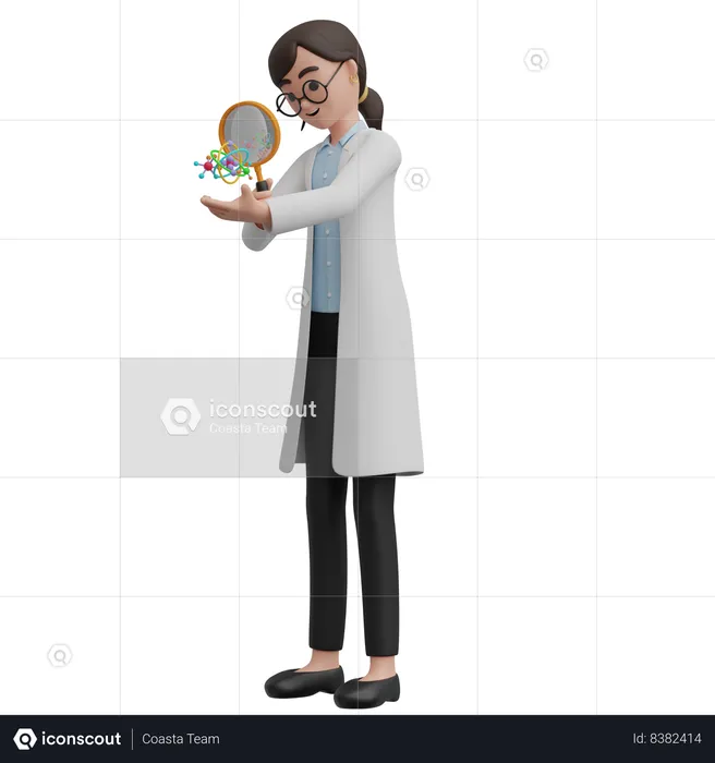 Cientista feminina amplia o átomo  3D Illustration