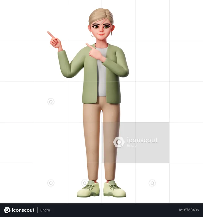Mulher bem vestida apontando para o lado superior esquerdo com as duas mãos  3D Illustration