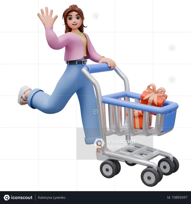 Mulher com carrinho de compras enquanto acena com a mão  3D Icon