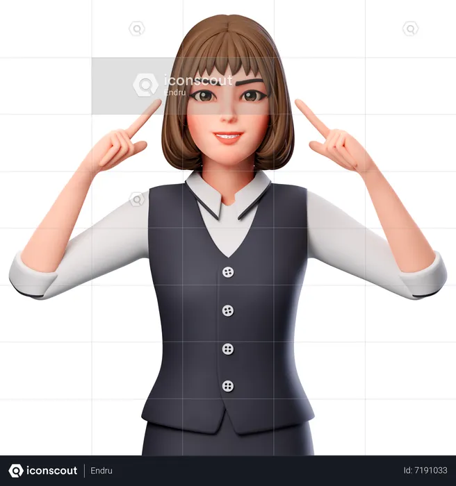 Mulher de negócios apontando para a cabeça usando as duas mãos  3D Illustration