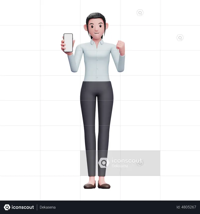 Mulher de negócios fazendo gesto vencedor enquanto mostra a tela do telefone  3D Icon