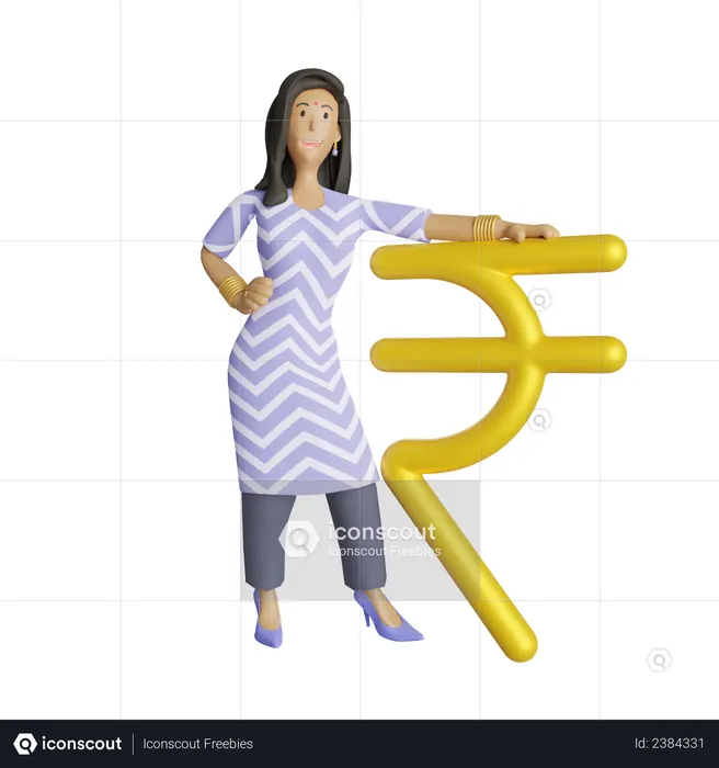 Mulher de negócios indiana em pé ao lado do símbolo da rupia  3D Illustration
