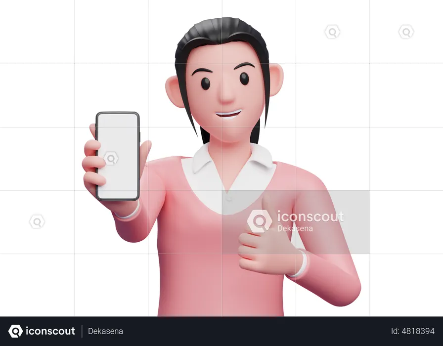 Mulher de negócios mostrando a tela do telefone com polegares para cima  3D Illustration