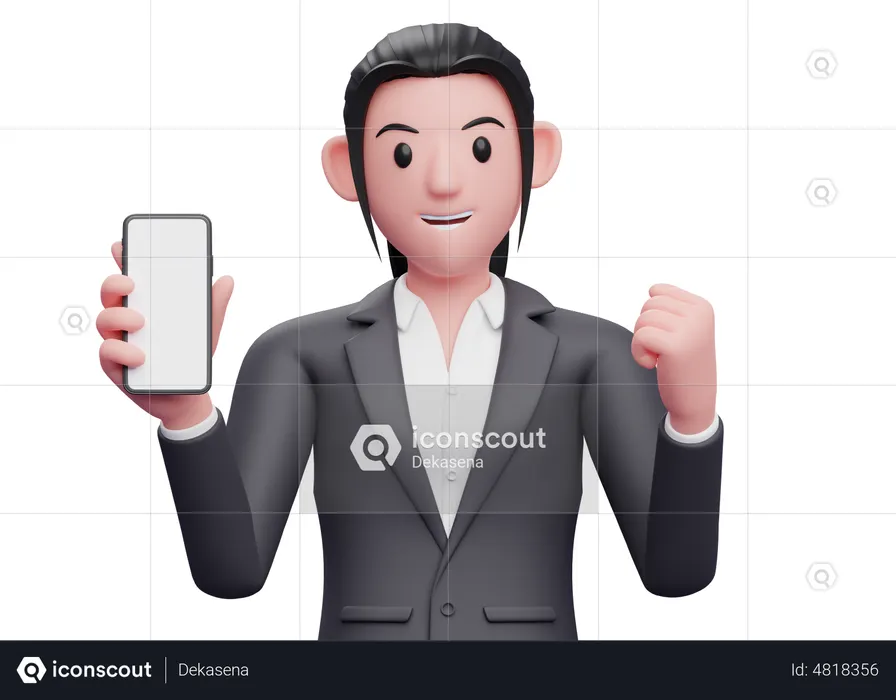 Mulher de negócios segurando um telefone celular enquanto comemora  3D Icon