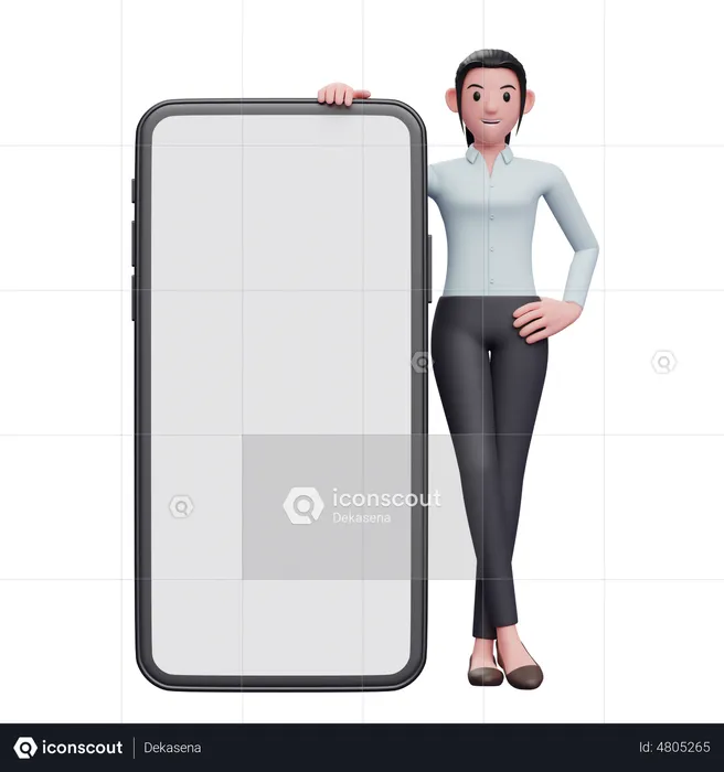 Mulher em pé ao lado de um grande telefone  3D Illustration