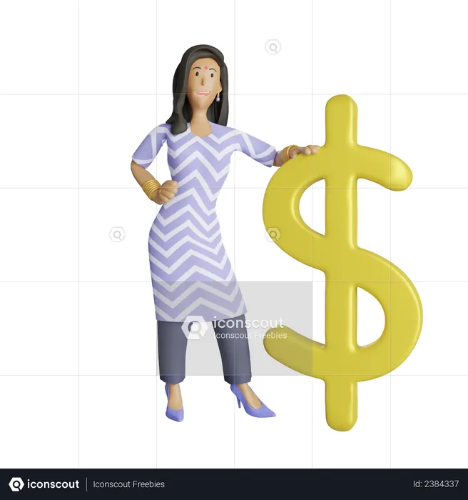 Mulher de negócios indiana em pé além do símbolo do dólar  3D Illustration