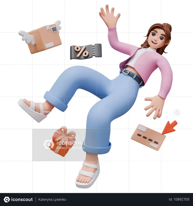 Mulher fazendo compras enquanto obtém descontos em compras  3D Icon