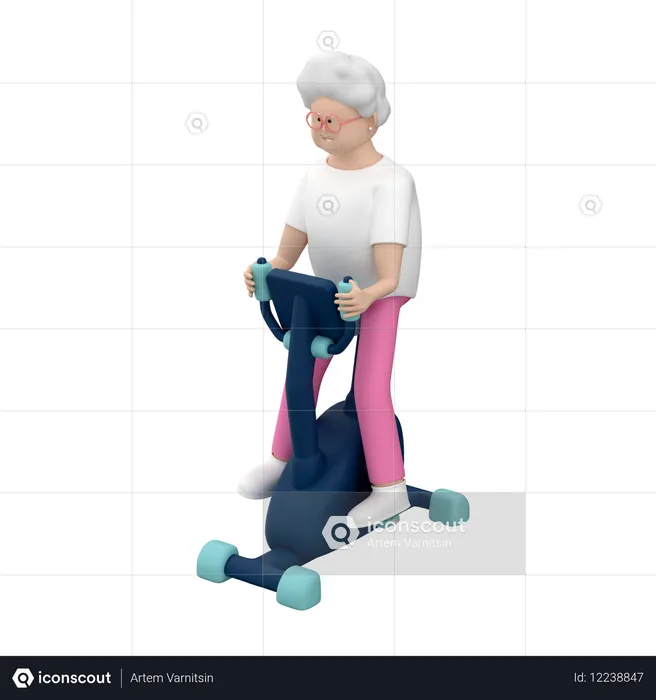 Mulher idosa com cabelos grisalhos sentada em uma bicicleta indoor  3D Icon