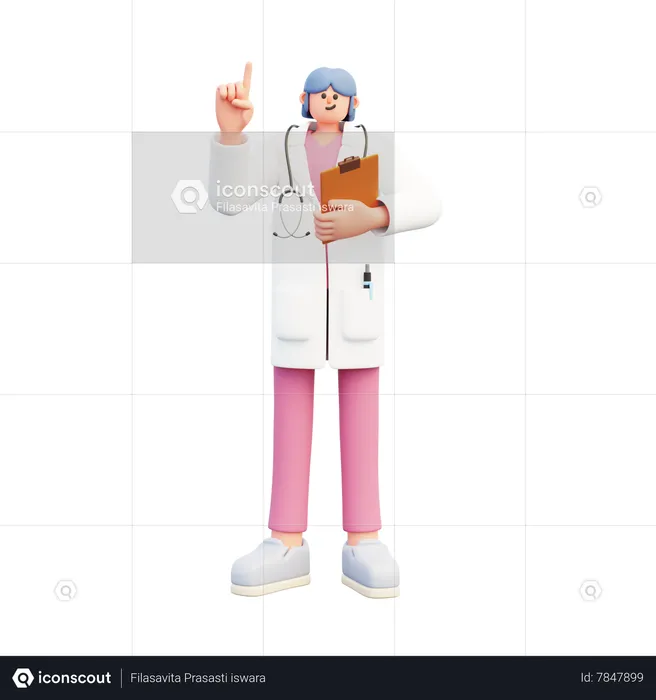 Mulher médica apontando para cima enquanto segura um relatório médico  3D Illustration