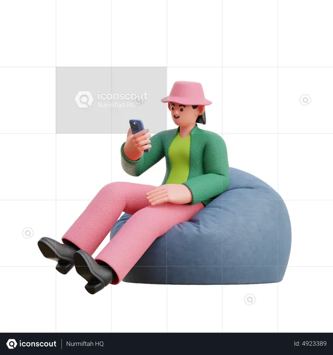Mulher olha para smartphone sentado em um pufe  3D Illustration