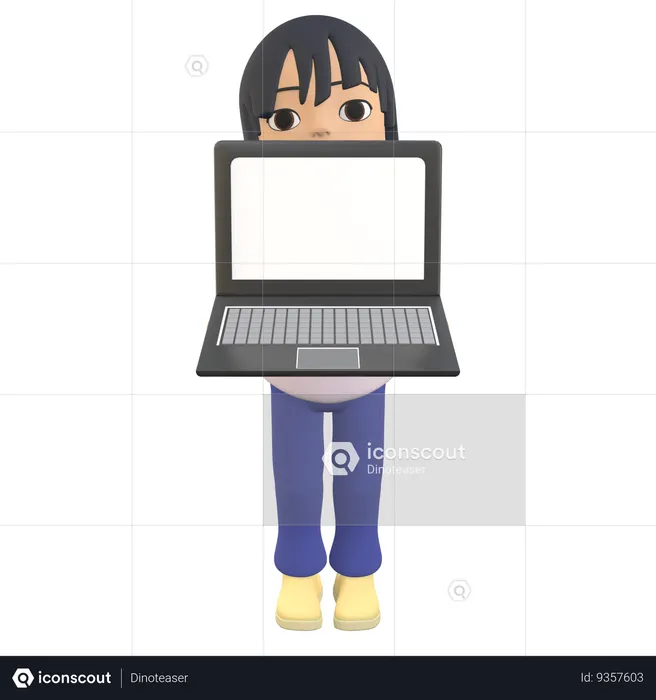 Mulher posando em pé e mostrando a tela de um laptop  3D Illustration