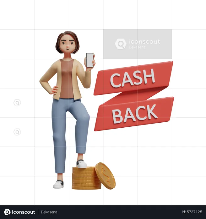 Mulher recebendo cashback e mostrando a tela do celular  3D Illustration