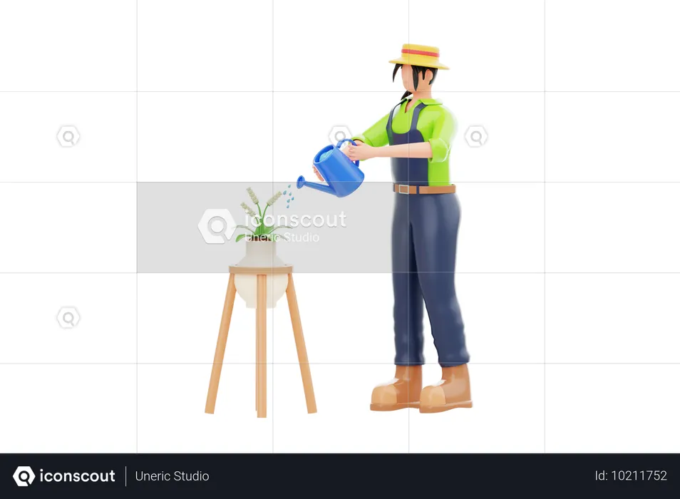 Mulher regando planta em jardinagem doméstica  3D Illustration