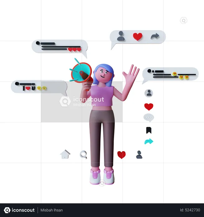 Mulher segurando megafone fazendo marketing de mídia social  3D Illustration