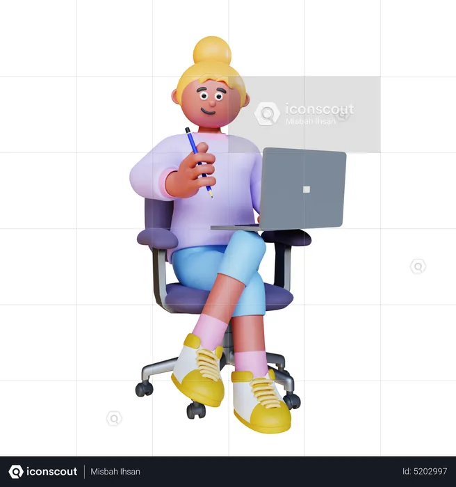Mulher segurando um lápis e sentada na cadeira com um laptop  3D Illustration