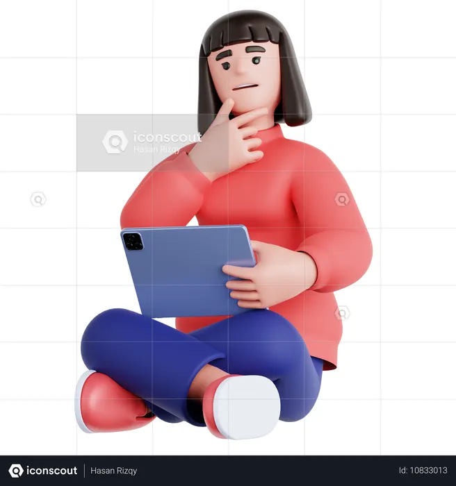 Mulher sentada com um pensamento e segurando um tablet  3D Illustration