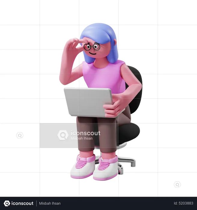 Mulher Sentada Na Cadeira E Observando O Laptop  3D Illustration