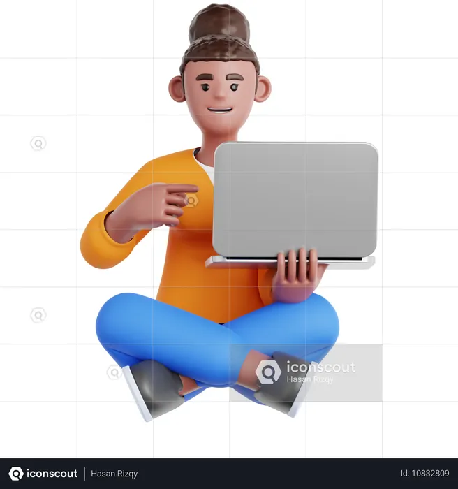 Mulher sentada no chão apontando para o laptop  3D Illustration