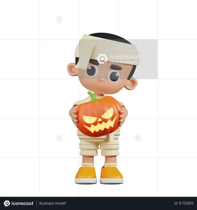 Múmia segurando abóbora de Halloween  3D Illustration