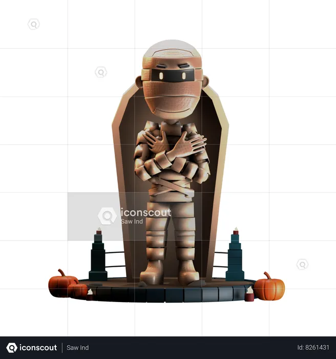 Mummy Cross Arms Pose In Coffin  3D Illustration