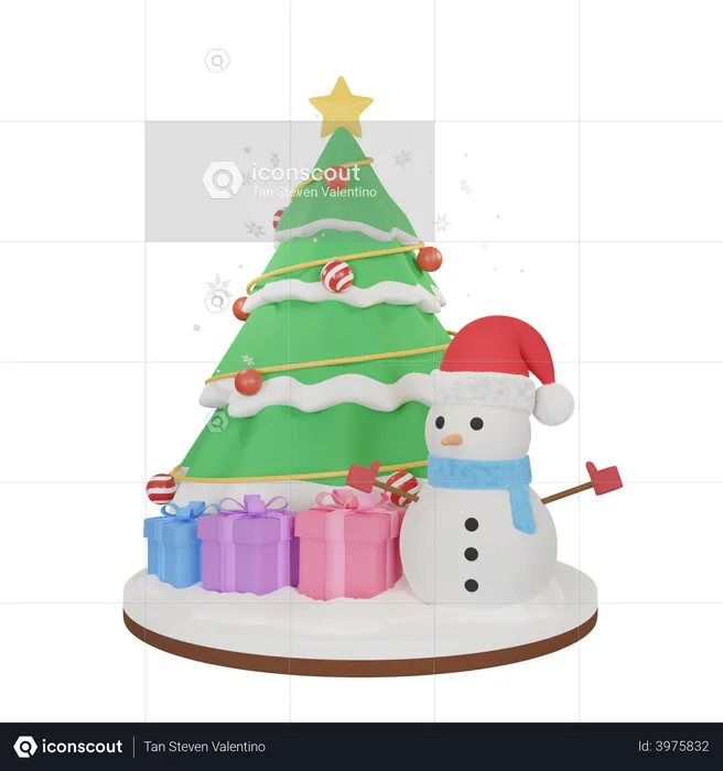 Muñeco de nieve con árbol de navidad  3D Illustration