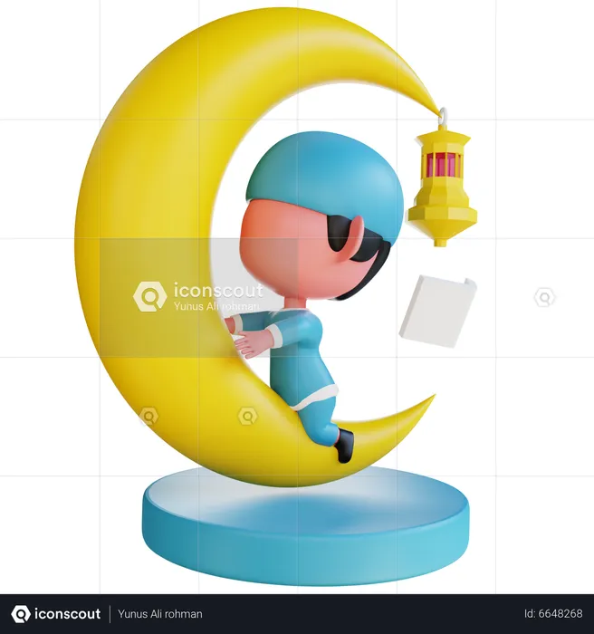 Muslim boy and  moon  3D Illustration