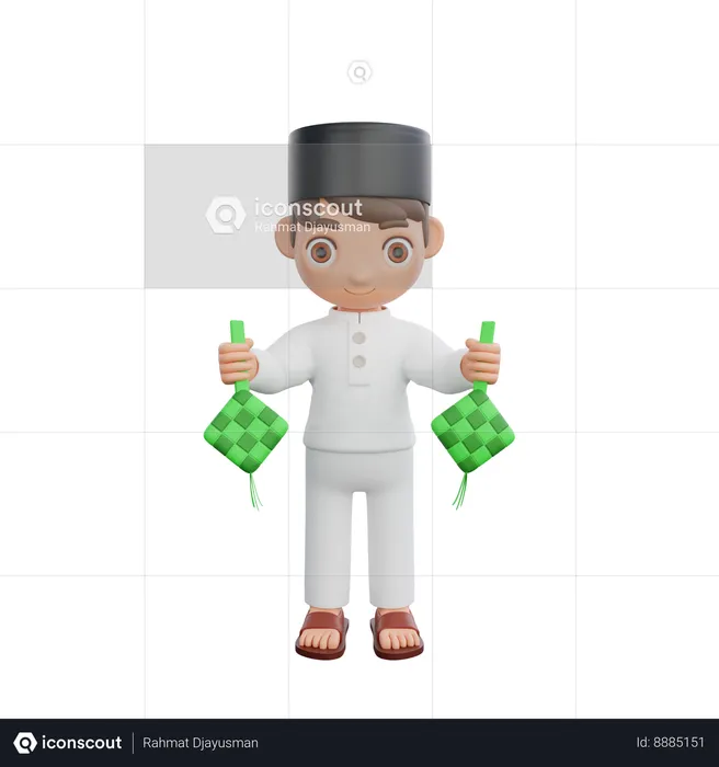 Muslim boy holding ketupat  3D Illustration
