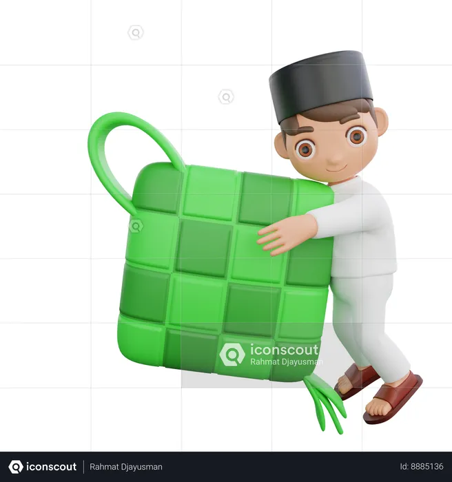 Muslim boy holding ketupat  3D Illustration