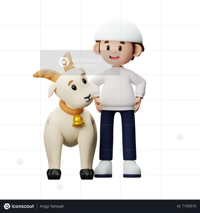 Muslim boy looking at goat  3D Illustration