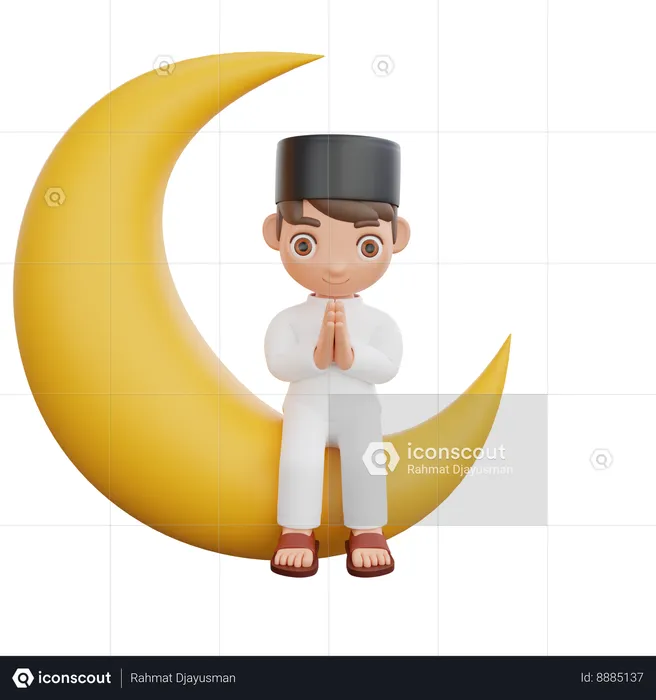 Muslim boy sitting on moon and doing prayer  3D Illustration