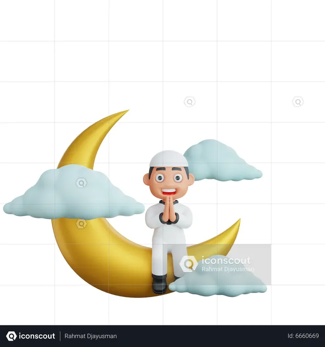 Muslim boy sitting on moon and doing prayer  3D Illustration