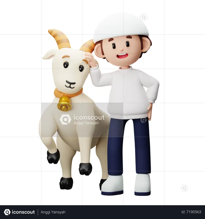 Muslim boy standing with goat  3D Illustration