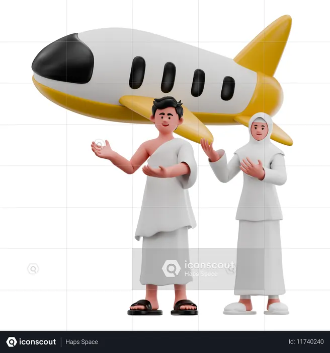 비행기로 출국하는 무슬림 커플  3D Icon