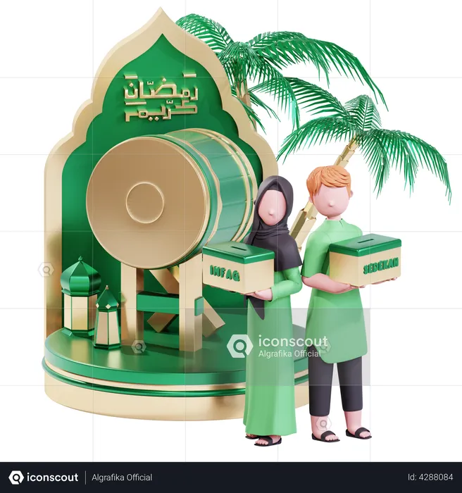 Muslim couple doing donation in Ramadan  3D Illustration