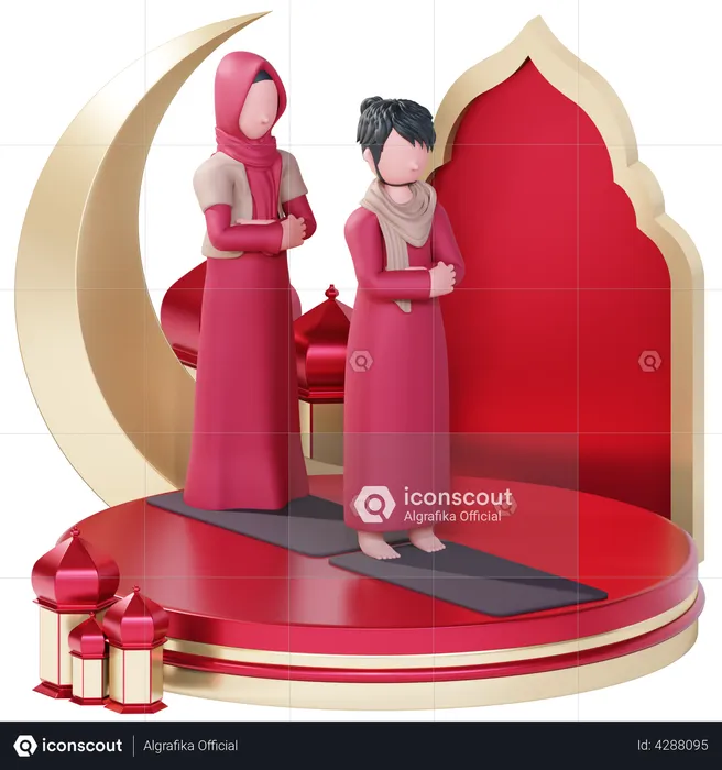 Muslim couple doing Eid prayer  3D Illustration