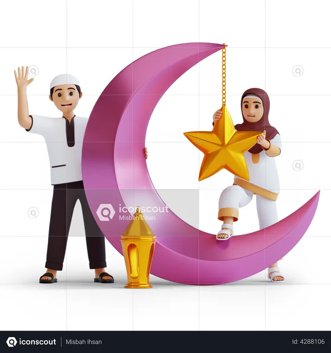 Muslim couple doing Ramadan decoration  3D Illustration