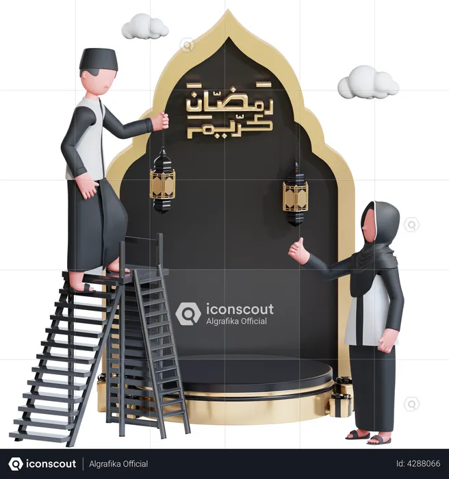 Muslim couple doing Ramadan decoration  3D Illustration
