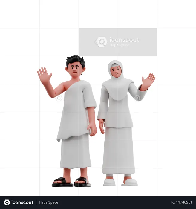 Muslim Couple Giving Eid Greeting And Waving Hand  3D Illustration