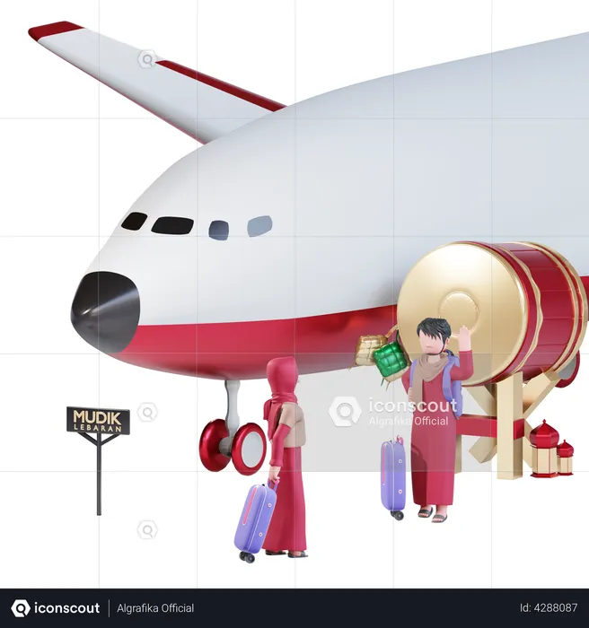 Muslim couple going for trip in plane on Ramadan  3D Illustration