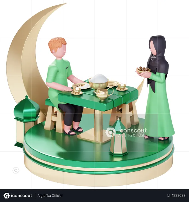 Muslim couple having iftar  3D Illustration