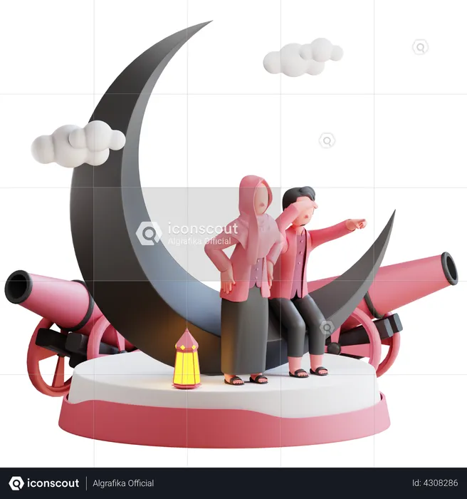 大砲の上のイスラム教徒のカップル  3D Illustration