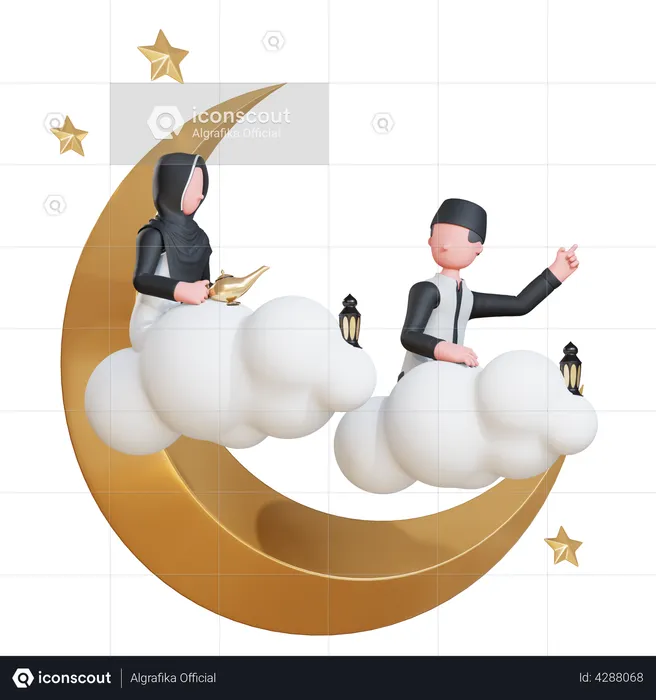 Muslim couple on moon  3D Illustration