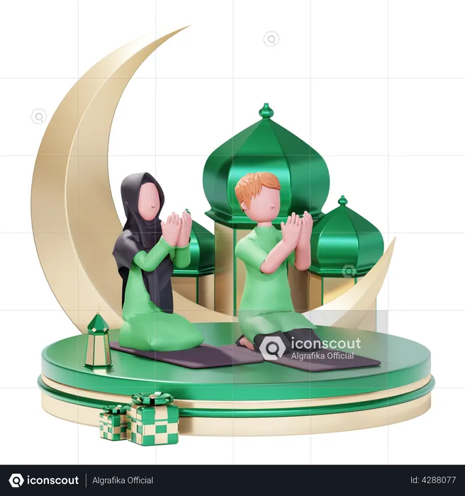 Muslim couple praying at a mosque  3D Illustration