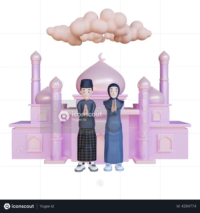 Muslim couple praying at a mosque  3D Illustration