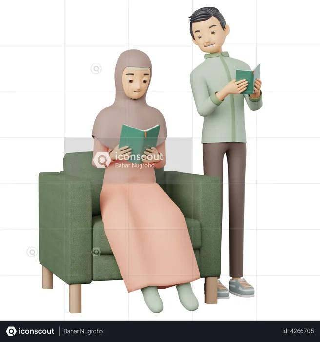 Muslim Couple Reciting Holy Quran  3D Illustration