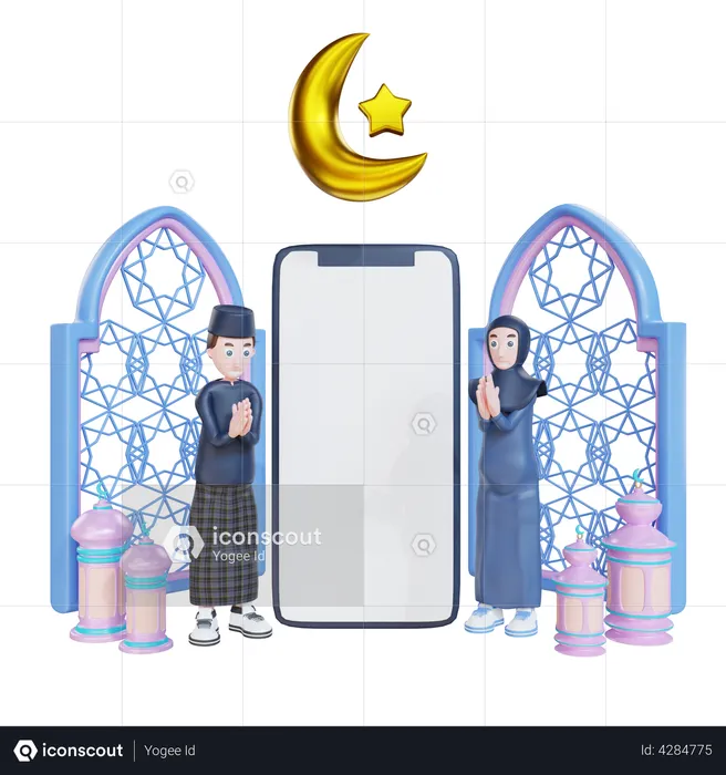 Muslim couple standing with blank mobile screen  3D Illustration