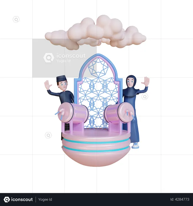 Muslim Couple standing with drums  3D Illustration