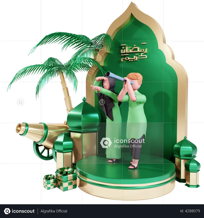 Muslim couple watching moon with telescope  3D Illustration